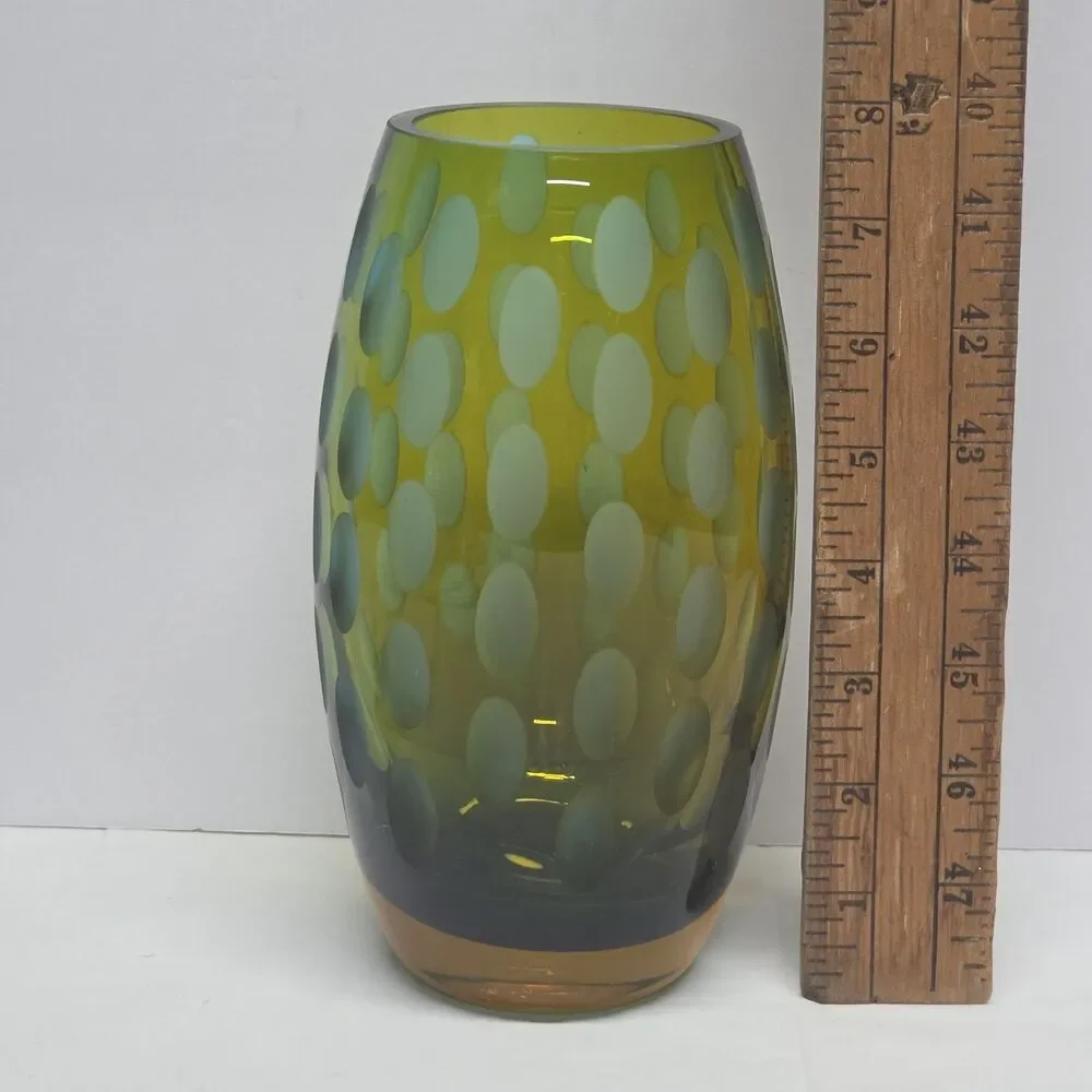 Vintage MCM Abstract Art Glass Vase Green & Amber Frosted Thumbprint - Picture 9 of 11